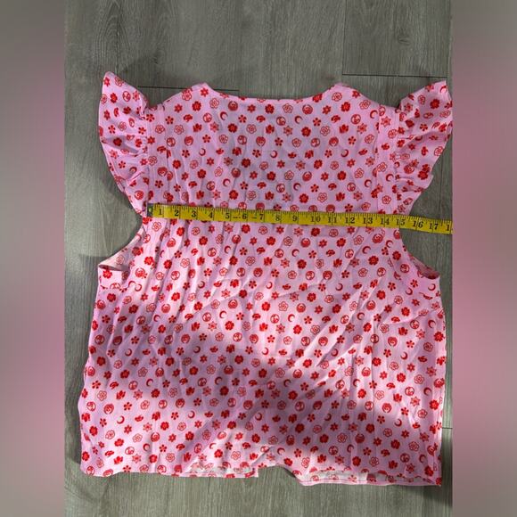 Pink Moon Floral Frill Sleeve Top-SZ 12 pink- ruffle- button up -valentine Linen - Picture 7 of 14
